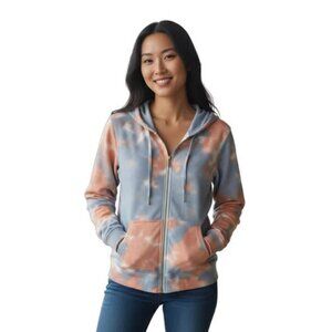 Tie Dye Full Zip Hoodie with Pockets Casual Athleisure Blue Orange Whie SZ‎ Med.